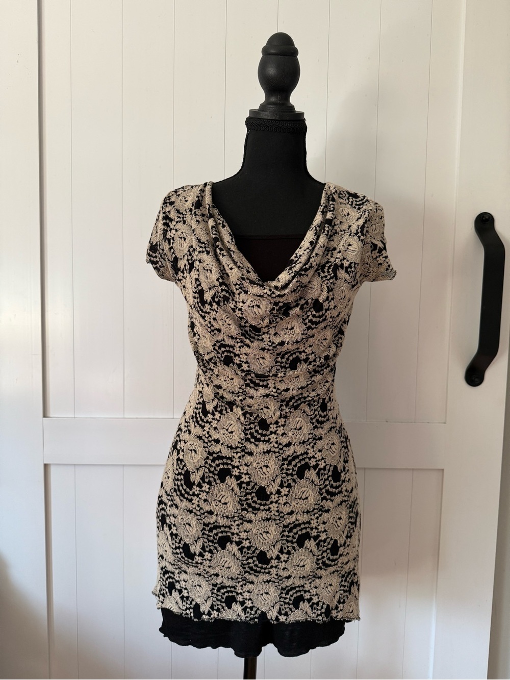 Black Dress with Beige Lace Overlay and Cowl Neck